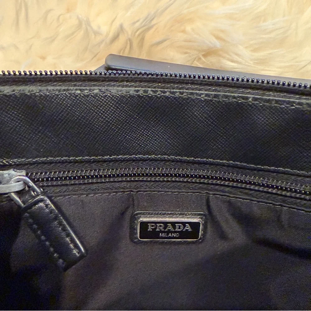Prada Black Nylon Pouch Bag with Silver Luggage Logo Clutch Travel Accessory